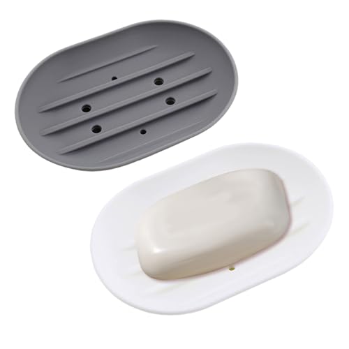 Inlefen Oval Silicone Soap Dish Holder, 2 Pack Non Slip Soap Tray with Drain Holes for Quick Drying & Easy Cleaning, Ideal for Home, Kitchen, Gym & Travel