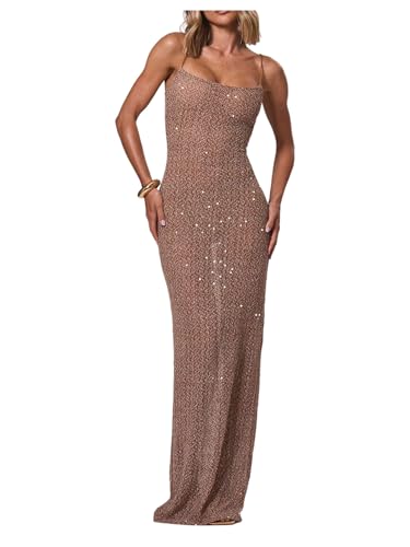 Verdusa Womens Sequin Glitter Cocktail Dresses Sheer Sleeveless Maxi Bodycon Dress Party Outfits Brown X-Small