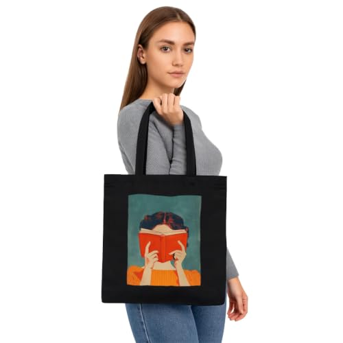 Image of Black Tote Bag With Pocket Printed Designed Canvas Tote Bags For Women large capacity,Tote bag For Shopping, College, Travel, More Canvas Handbag For Unisex Bag