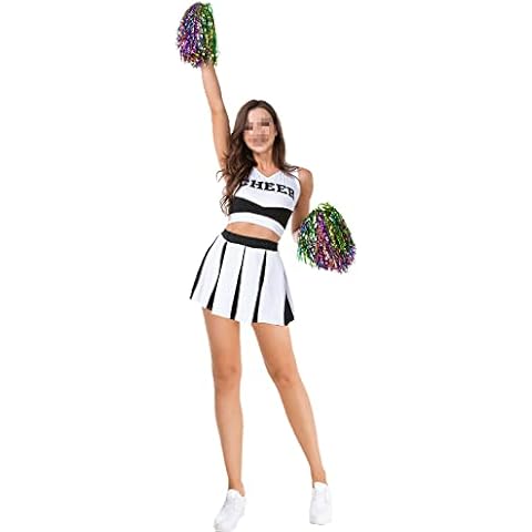 Hongsuny Women Cheerleader Costume Sexy Cheerleader Fancy Dress Outfit Uniform with Pom Poms Crop Top and Mini Skirt Outfit Cosplay Costume Cover
