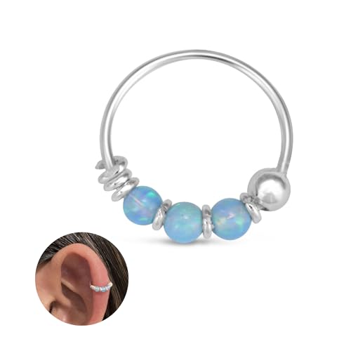 Handmade Silver Single 10MM Cartilgae Helix Piercing Hoop Earring with Trio Blue Opal, 925 Sterling Silver Very Small 10MM Thin 22Gauge Hoop for women, By Miya Jewelry (Silver-Blue)