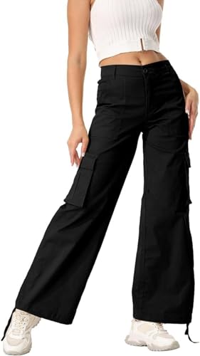 Womens Baggy Cargo Pants High Waisted Straight Wide Leg Trousers Drawstring Ankle Cuffs Streetwear Work Y2K Pants3