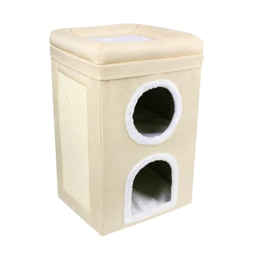 CYWOPVEQキャットタワーベッド 折り畳み 猫 ハウス 組立簡単 多機能 爪とぎ付き 猫の家 冬用 暖かい 省スペース 寒さ対策 犬猫兼用 ペット用ハウス 保温防寒 猫用寝床 キャットハウス 室内用 3段式 (ホワイト)