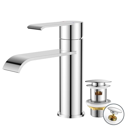 FORIOUS Grifo Lavabo Alto Con Desagüe, Grifo Baño Monomando De Acero Inoxidable para Lavabos de Baño,Diseño Cascada Con Altura De Caño 98MM，Cromo