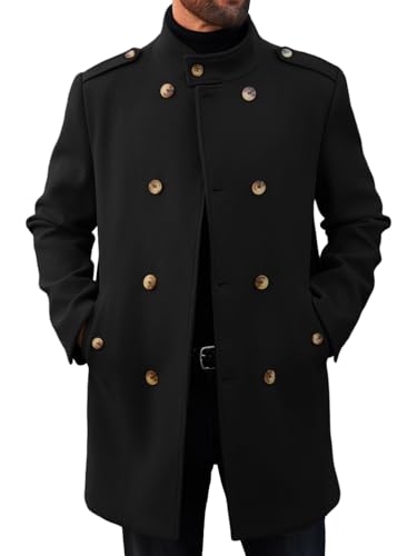 Runcati Mens Trench Coat Double Breasted Stand Collar Pea Coat Casual Fall Winter Warm Mid Long Overcoat