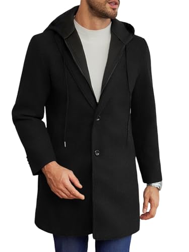 Image of Runcati Mens Trench Coat Single Breasted Mid-Long Pea Coat Classic Winter Business Jacket with Detachable Hood