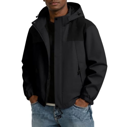 Image of Color Block Waterproof Hooded For Men Rain Shell Jacket Windproof Coat With Adjustable Drawcord Hood & Velcro Cuffs Packable Zip Up Hiking Camping And Fishing Outdoor Activities Black Xs