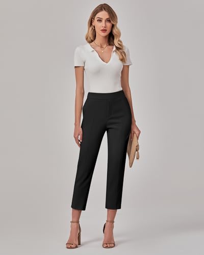 GRAPENT Capri Pants for Women High Waisted Pull On Dress Pants Slim Straight Leg Stretchy Waist Capris Trousers Pants4