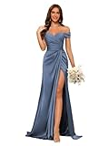 Dessiny Long Off Shoulder Satin Bridesmaid Dresses 2026 Bodycon Mermaid Formal Prom Dresses with Slit Dusty Blue US6