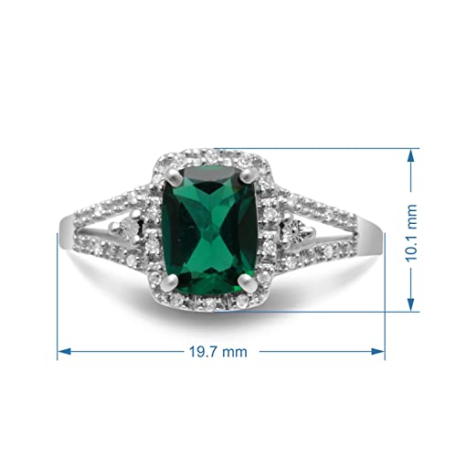 Jewelili 10K White Gold 8X6 Mm Cushion Shape Simulated Emerald With Natural White Round Diamond Accent Ring, Size 7 #TOP1