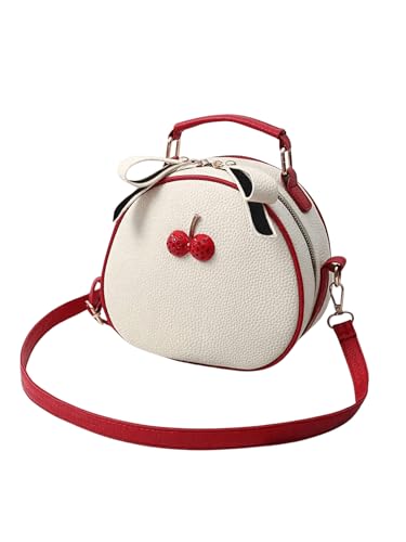 QWINEE Women's Cute Cherry Crossbody Bag Zipper Top Handle Shoulder Handbag PU Leather Mini Circle Purse Red and White One-Size