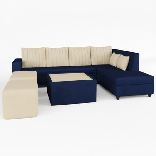 Image of CASASTYLE Stylify 8 Seater Fabric RHS L Shape Sofa Set with 1 Centre Table & 2 Ottoman (Cream-Dark Blue) 8-Person Seating with Premium Velvet Finish