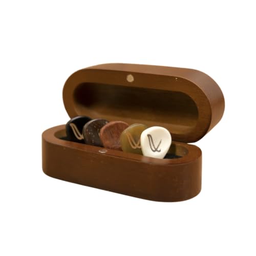 Image of WAM-PICKS5 Wambooka Touring Series Handcrafted Guitar Picks Set | Pack of 5 | 4 mm Wood, Coconut, Bone, Black & Transparent Horn Picks with Moulded Grip | Bespoke Wooden Presentation Box | Multicolor