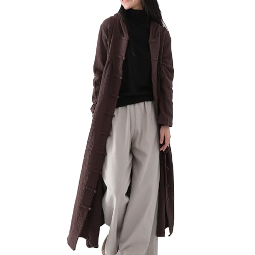 Women's Hooded Robe Coat Cotton Linen Blend Long Jacket Outerwear with Button Closure & Pocket3