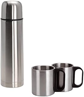 1 Litre Stainless Steel Thermos Flask With 2 Handled Drinks Cups | Double Walled Insulated Vacuum Flask | Hot Cold Drinks Hydro Flask With Cups