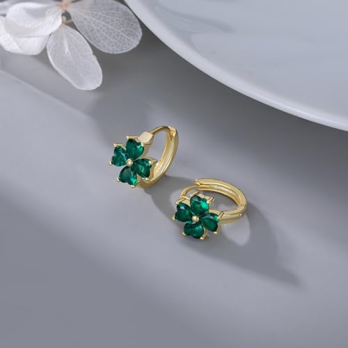 Reffeer Solid 925 Sterling Silver CZ Leaf Hoop Earrings Clover for Women Teens Shamrock Earrings Hoops Clover Leaves4