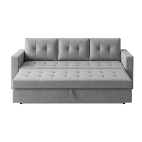 Image of FURNY Tressa 3 Seater Fabric Pull-Out Sofa Cum Bed Function (Light Gray) | Luxury Velvet Suede Finish | Durable Comfort Sofa Bed for Modern Living Room & Office Spaces