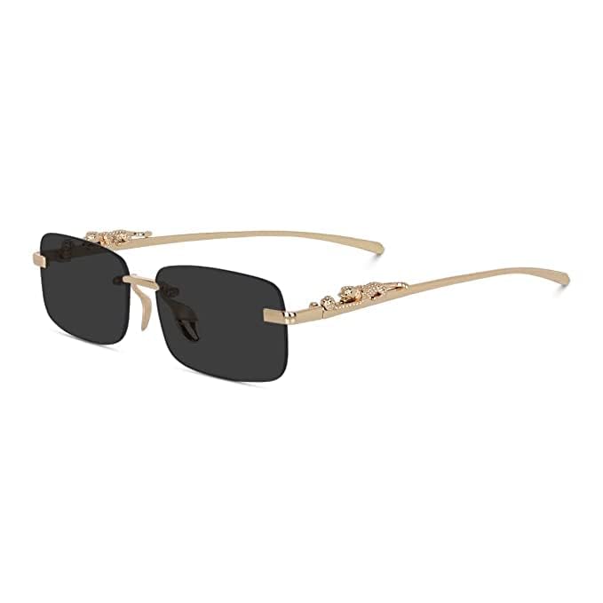 Image of Rimless Rectangle Sunglasses for Men & Women, Retro Frameless Metal Design with Leopard Print Arms, Colored UV Protection Lens, Lightweight Unisex Eyewear