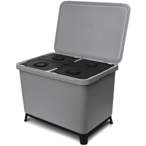 YourCasa® Cubo de basura con 4 compartimentos [40 L] en diseño exclusivo sistema de separación de basura, cubo de basura para cocina con 4 cubos extraíbles de 10 l (gris, 40 litros)