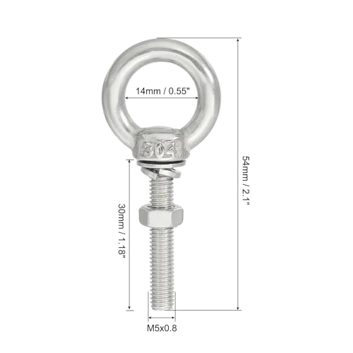 Image of uxcell M5*30 3 /16 inchx1.18 inch Stainless Steel Eye Bolts Threaded Screw Eyebolt Shoulder Ring with Nuts Washers for Lifting Hanging, 2 Set