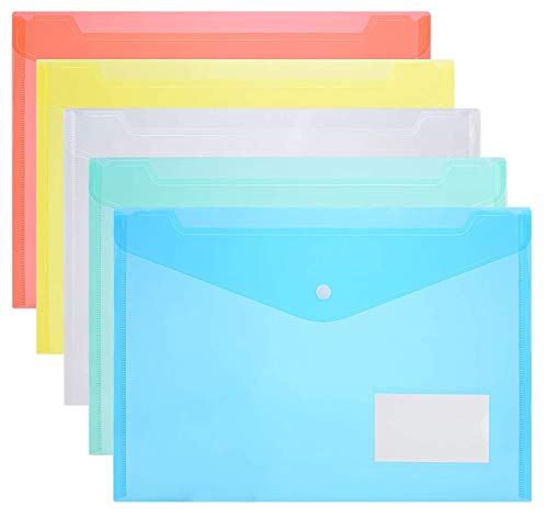 50 Pack Plastic Envelopes Poly Envelopes US Letter A4 Size Transparent File Folders with Label Pocket, Snap Closure, Filing Envelopes