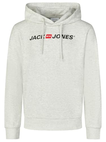 JACK & JONES Hoodie Herren mit Druck JJMORTY Regular Fit Kapuzenpullover Pullover Sweatshirt, Größe:L, Farbe:White Melange (12303641)