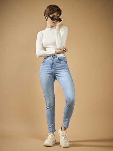 Image of Miss Chase Women's Skinny High Rise Cropped Fringed Hemline Detailing Stretchable Denim Jeans