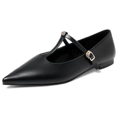 CouieCuies Mary Jane Flats for Women Comfort Ballet Flat T Strap Pointed Toe Dressy Shoes Black Pointed Toe Flats Office Elegant Maryjanes