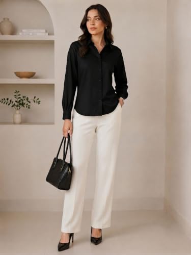 Image of OOMPH! Women's Cotton Solid Relaxed Fit Formal Shirt | Full Sleeve Drop Shoulder Button-Down Office Shirt | Spread Collar Workwear & Smart Casual Top