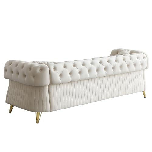 Image of KEIKI 89 inch Chesterfield Velvet Button Tufted Sofa with High Density Foam Cushions and 2 Toss Pillows, Modern Style 3-Seater Couch with 4 Gold Metal Leg, Easy Assembly, for Living Room, Apartment, Beige