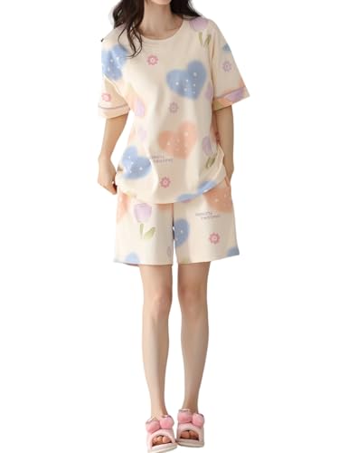 Image of Lunza Women's Cotton Blend Pajama Set, Short Sleeve T-Shirt and Shorts, Cute Bear Print Nightwear