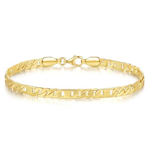 14K Gold Bracelets for Women Mens Bracelet Flat Figaro Chain 14K Gold Chain Bracelet for Womens Trendy Stackable Bracelets for Women 5 Sizes