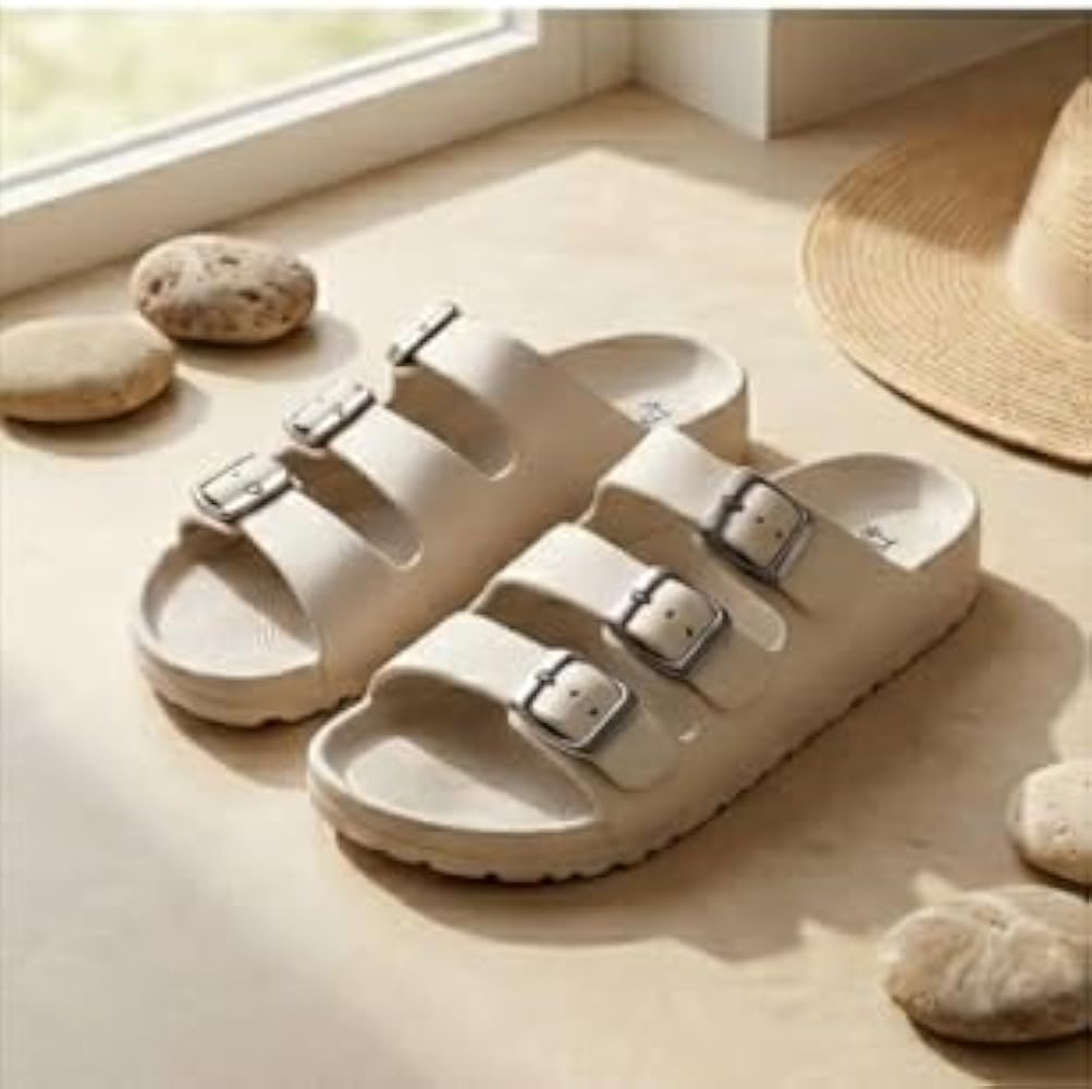 Buy Women's Triple Buckle Comfort Slippers, Open-Toe Slide Sandals