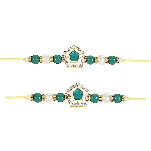 Image of I Jewels Designer Kundan Pearl Combo Rakhi Set of 2 with Roli Chawal & Rakshabandhan Card For Brother /Bro /Bhai /Men
