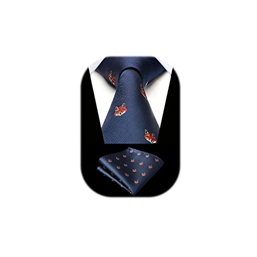 HISDERN Navy Blue Ties For Men Fox Pattern Tie For Wedding Party Woven Silk Animal Handkerchief Novelty Necktie and Pocket Square Set