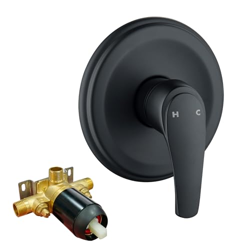 DOUBLUOEG Matte Black Shower Handle Valve, Pressure Balance Valve Trim with Cartridge,Single Function Bathroom Brass Shower Mixer Valve