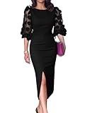 CHICME Bodycon Midi Dress for Women Mesh Puff Sleeve Slit Cocktail Work Pencial Dresses with Belt Black-XL
