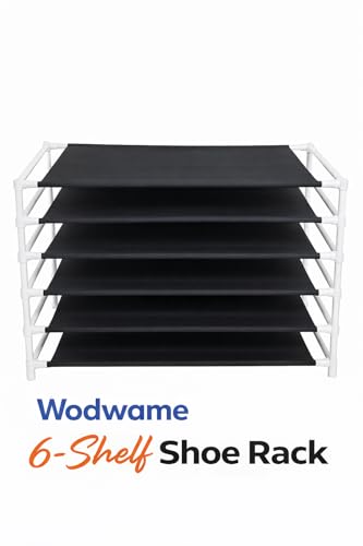 Image of 6-Tier Shoe Rack with Dust-Proof Cover, Black with Gold Trim, Multi-Pair Storage Organiser (Blue)