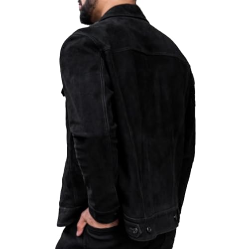 Image of Isaac & David Chicago Men's Vintage Trucker Suede Leather Jacket - Denim Biker Cafe Racer Causal Western Cowboy Jacket