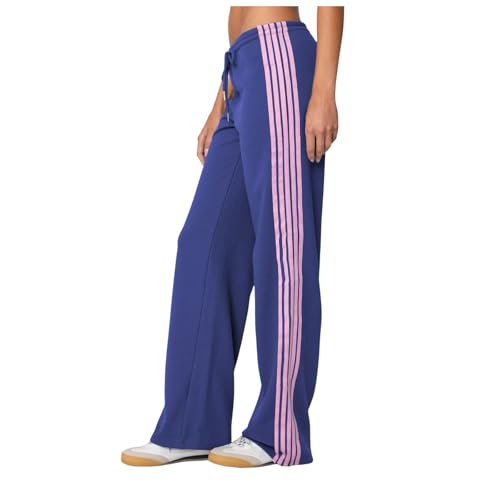 Generisch Trainingshose für Damen Seitenstreifen Freizeithose Low Waist Sporthose Retro Jogginghose mit weitem Bein Bequem Jogginghose Damen Locker Palazzo Hose Sweatpants Fitnesshose (Blau, L)