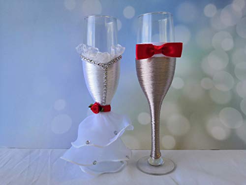 Abbie Home Bride and Groom Wedding Champagne Flute in Grey and White - Party Reception CelebretionLace Champagne Tosting Glasses with Dress Bow Red Rose and Rhinestone, Set of 2 (Glass Set)