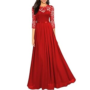 NaTengs Dames ronde hals bloemen kant formele avondjurk chiffon lange bruidsmeisjesjurk, Rood, 38 NL