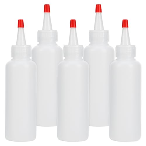 WATMTIN 5 Pcs Plastic Condiment Squeeze Bottles 4 OZ Squeeze Bottles with Red Twist Top Cap Empty Plastic Bottle for Sauces Mustard Ketchup Syrup Dressings Oil Arts Crafts
