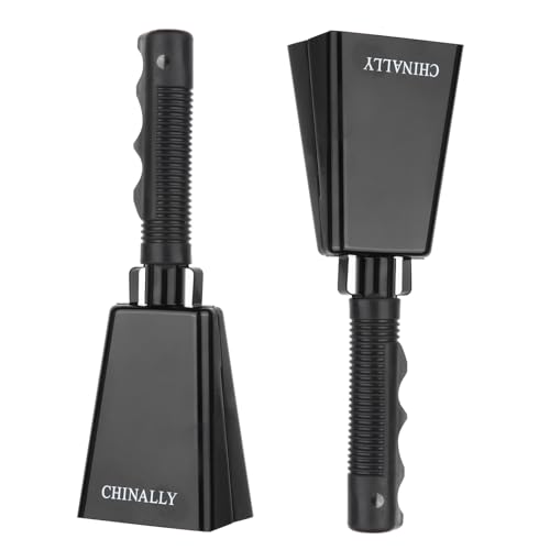 Chinally 2 Pack 9 inch Cowbell Noise Maker - Mini Metal Percussion Handle Bell for Sporting Events, Graduation, and Outdoor Games - Loud Cheering Instrument for Kids and Adults (Black)