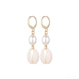 Erimberate Bohemian Pearl Shell Drop Earrings Gold Pearl Earrings Cowrie Shell Dangle Earrings Natural Seashell Earrings Jewelry for Women