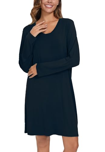 Image of Kabento 2 Pack Long Sleeve Nightgowns for Women Soft Cotton Night Gowns Sleepwear V Neck Nightshirts
