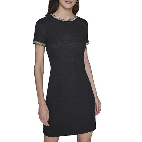 Karl Lagerfeld Paris Women's Short Sleeve Knit Tweed A-line Dress, Black
