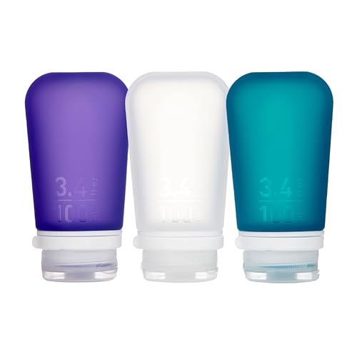 humangear GoToob+ 3-Pack (Large) | Refillable Silicone Travel Bottle | Locking Lid | Food-Safe Material, Clear/Purple/Teal, Large (3.4 fl.oz.; 100ml)