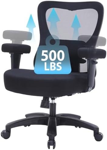 Big & Tall Ergonomic Office Chair - 500 Lb Capacity, Extra Wide Seat, Flip-Up Arms, For Back Pain Relief