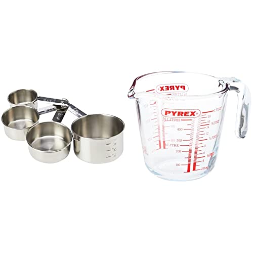 Dexam 17840994 Faringdon Set of 4 Stainless Steel Measuring Cups, 60, 80, 125, 250ml & Pyrex Measuring Jug 500ml | Capacity 568ml / 20 Ounce | P586